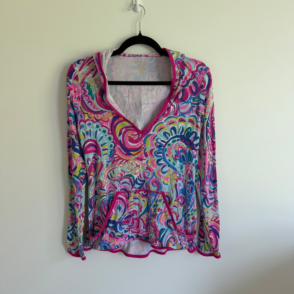 Lilly Pulitzer Luxletic Hoodie XS Pink Blue Paisley V-Neck Kangaroo Pocket Top